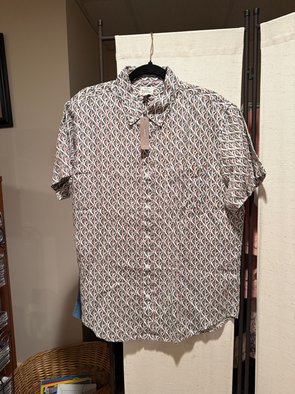 J. Crew Short-Sleeve Button-Down Shirt in White, Pink & Green Geometric Print